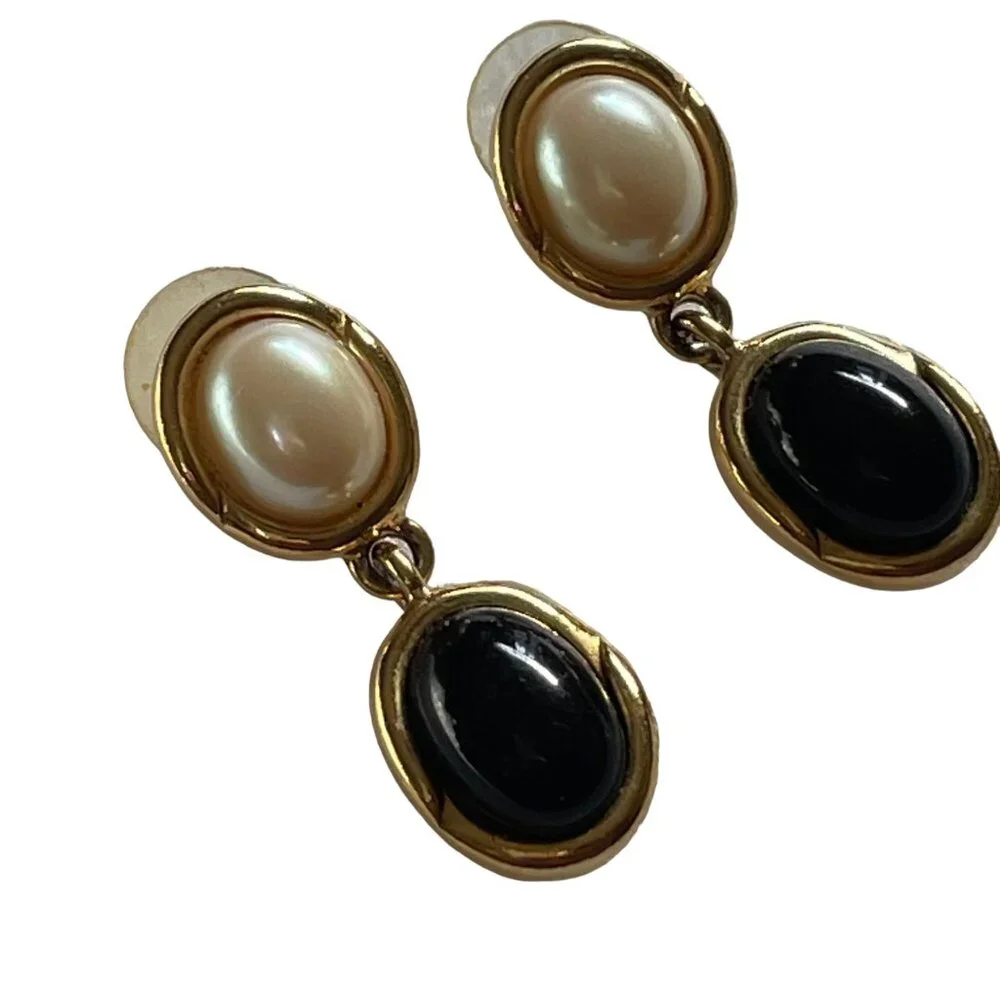 Onyx Pearl Drop Earrings Black Disc Post Backing u - Picture 3 of 4